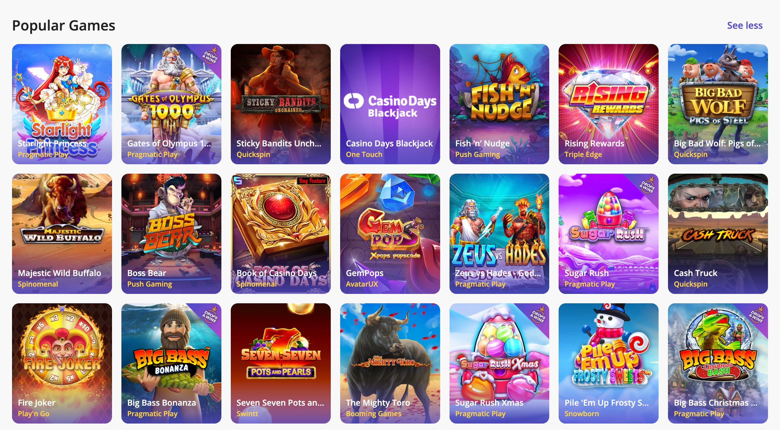Casino Days' selection of popular online casino games with colorful thumbnails